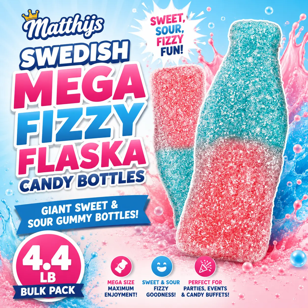 Matthijs Swedish Mega Fizzy Flaska Candy 4.4 lb  Sour Pink & Blue Bottle Gummies | Bulk Swedish Candy for Parties & Candy Buffets