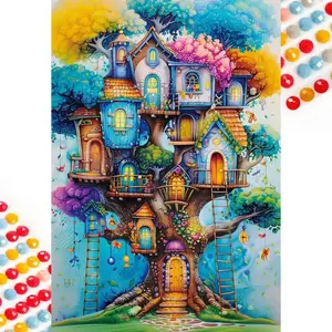 5D DIY Full Drill Round Diamond Painting Kits - Diamond Art Kit Tree House Fairy Tale Mosaic, Canvas - DIY Home Decoration, Wall Decor, Suitable for Halloween and Christmas, Birthday and Anniversary Gifts