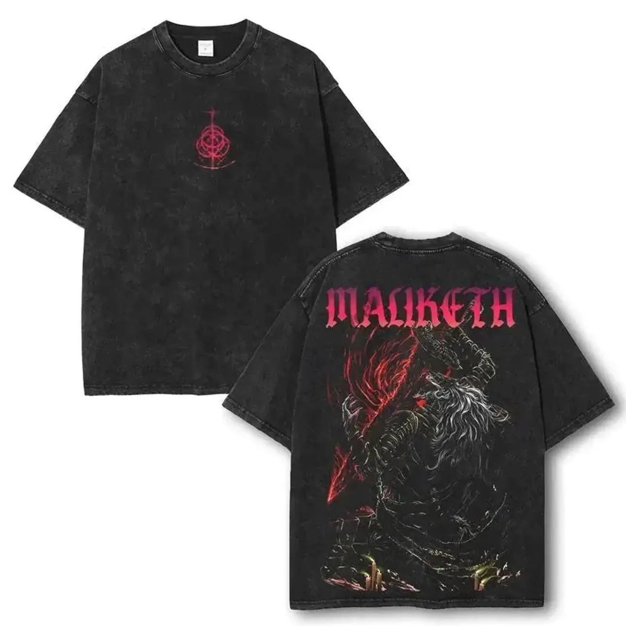 Limited Edition Elden Ring Anime Double-Printed Classic Seamless Short-Sleeve Cotton T-Shirt for Game Lovers - Lightweight Acid-Washed Menswear Apparel, Maliketh Graphic Top Gift