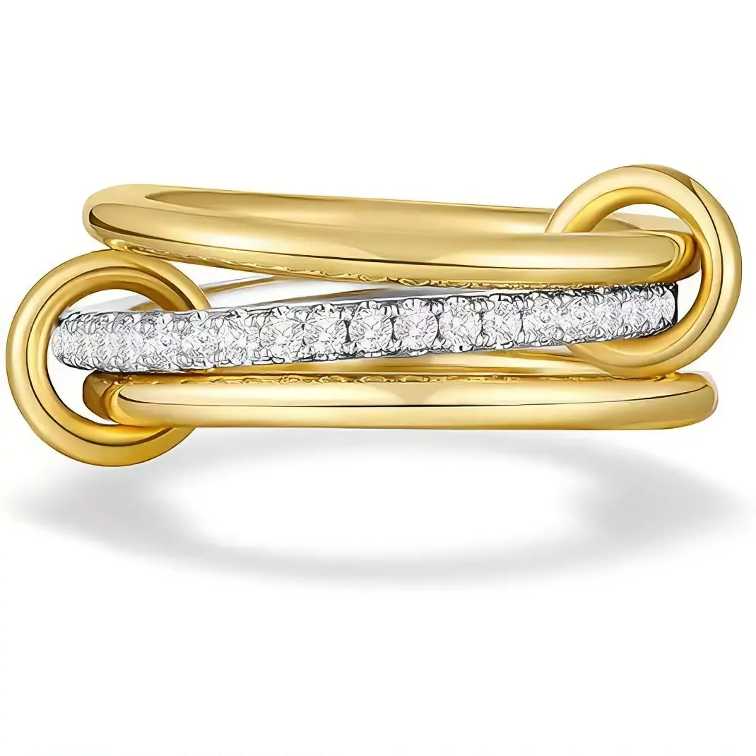 Two Tone Interlocking Paperclip Ring For Women, Gold Silver Linked Band With Paved Cubic Zirconia, Minimalist Chain Link Stackable Statement Ring, Trendy Fashion Jewelry Gift