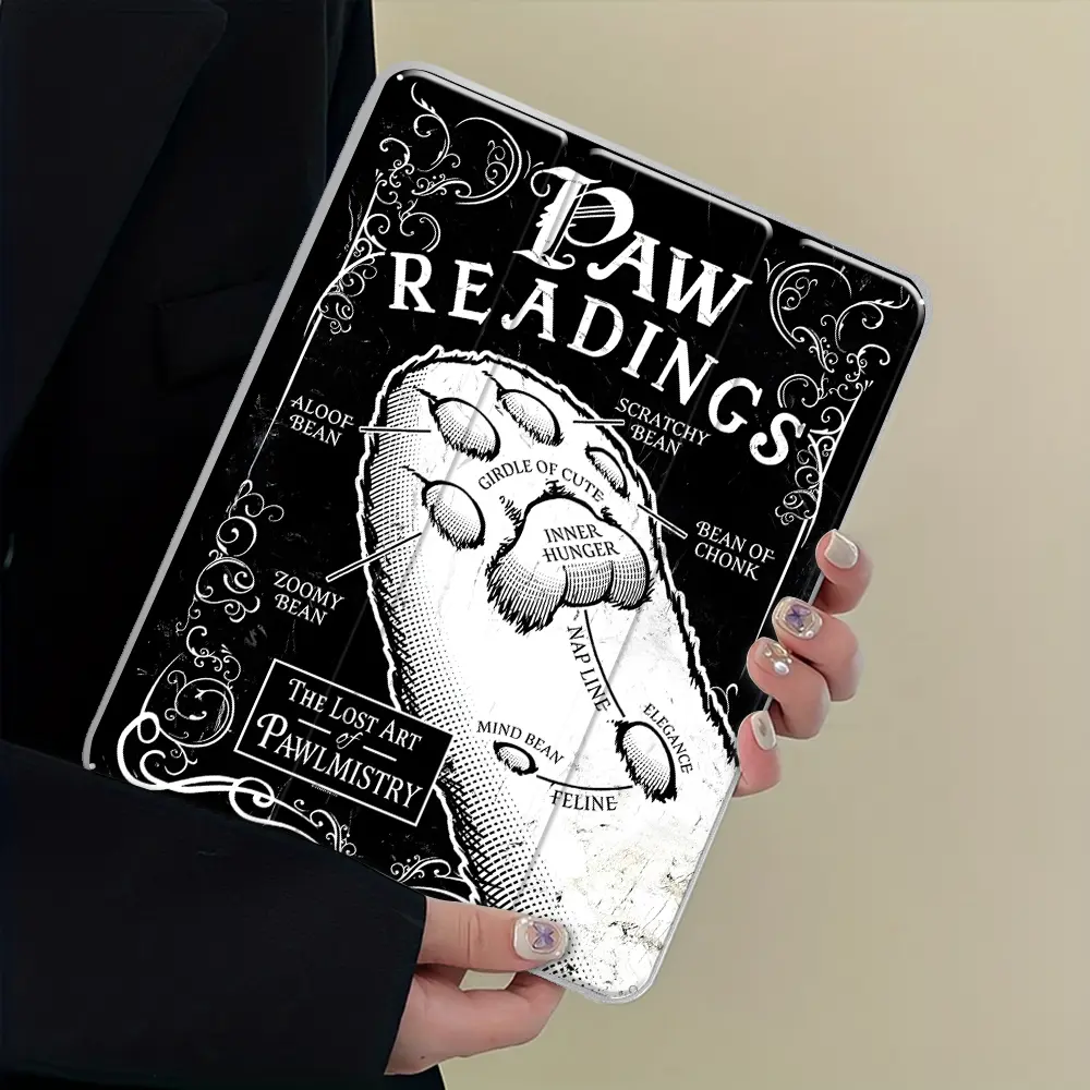 Gothic Cat Paw Reading Black White Design iPad Case, iPad Accessories, Transparent Acrylic Hard Back Panel With Pencil Slot, Suitable for Ipad mini pro air, Scratch-resistant Ultra-thin, Shock-resistant Full Cover Protective Case