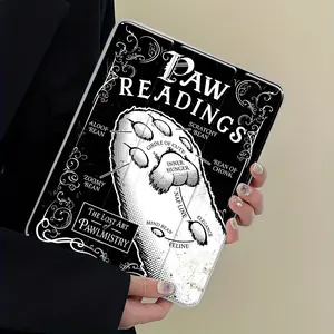 Gothic Cat Paw Reading Black White Design iPad Case Transparent Acrylic Hard Back Panel With Pencil Slot, Suitable for Ipad mini pro air. Scratch-resistant Ultra-thin, Shock-resistant Full Cover Protective Case, Tablet Cover, Tablet Casing
