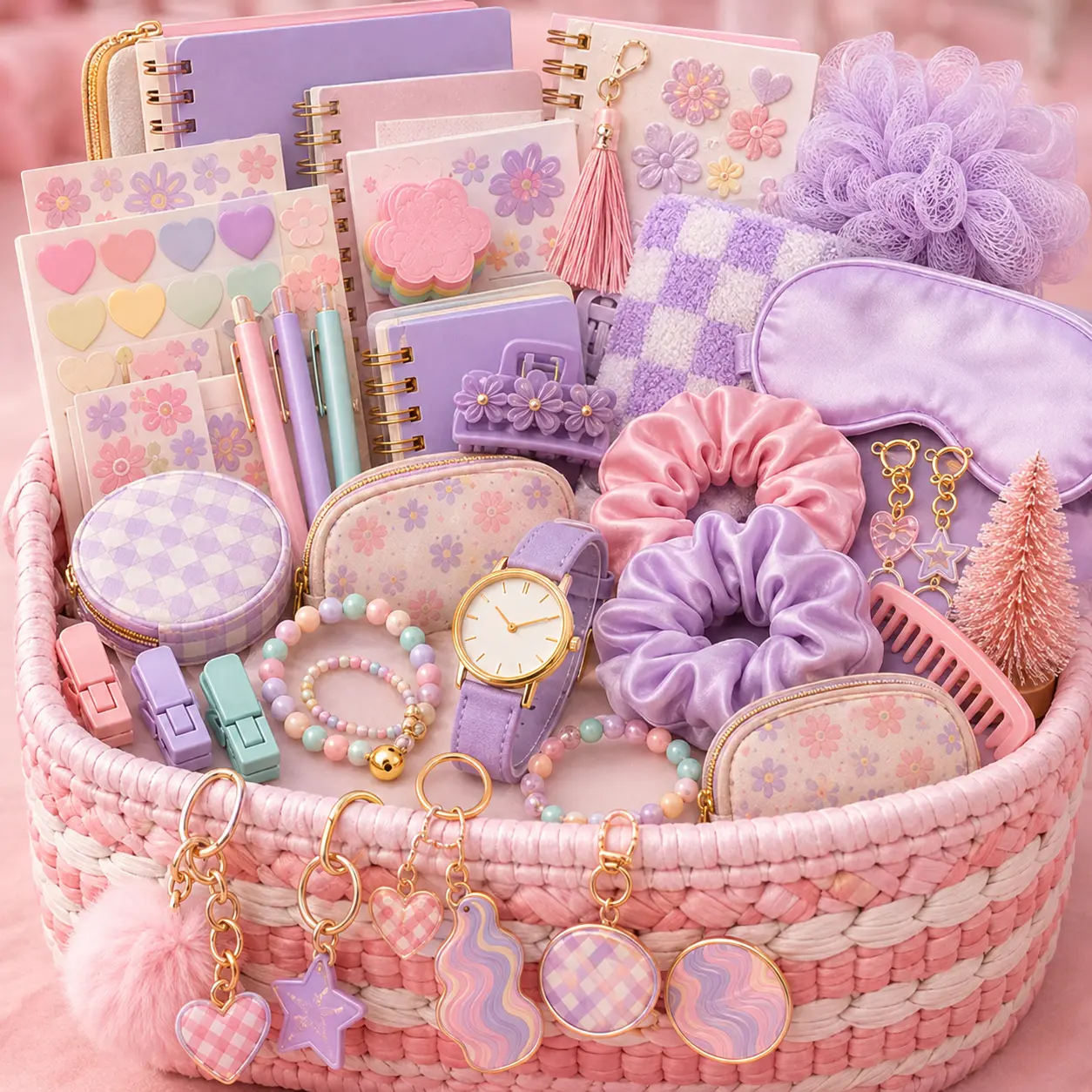 Pastel Gift Basket with Cute Stationery, Mini Notebooks, Stickers, Scrunchies, Bracelets, Pouches, Keychain Charms and Everyday Accessories, Birthday Halloween Christmas Gift for Women