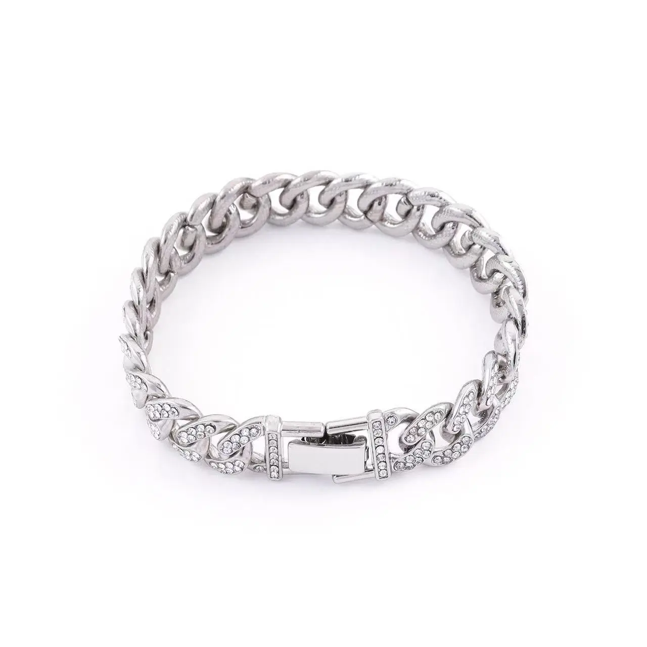 Iced Out Cuban Link Metal Bracelet - Stainless Steel Rhinestone Chain Link Jewelry, Silver-Toned Fashionable Bracelet Style for Everyday Wear, Mother's Day Gift for Her