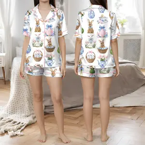 Women's Coquette Pajama Set, Silky Satin Sleepwear with Chinoiserie Easter Bunny Print, Short Sleeve Loungewear with Pockets & Adjustable Drawstring