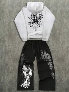 Star & Angel Graphic Hoodie and Pants Set, Trendy Streetwear with Edgy Vibe, TikTok - Popular Fashion Item