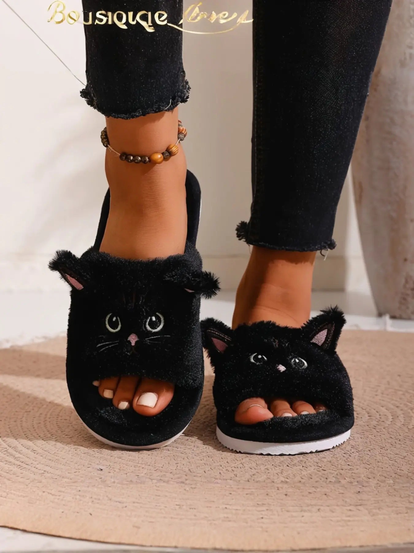Women's Cartoon Cat Plush Home Slippers, Fuzzy Fashion Slippers, Silent Non-Slip Soft Sole, Easy-On Casual Footwear, All-Season Indoor Comfort Shoes