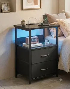 【Summergarden】Night Stand with Charging Station, LED Nightstand with U-S-B Ports and Outlets, 2 Fabric Storage Drawers with PU Finish, Small Bedside Table, Black