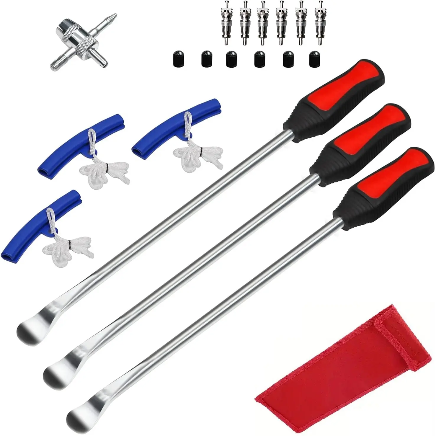 Durable Steel Tire Repair Kit - 19pcs 14.5in Iron Tire Spoons with Rim Protector, Valve Accessory, TR414 Stem & Caps, for Leverage Repair of Dirt Bikes, Lawn Mowers, Motorcycle (Boosts Durability), Repairing