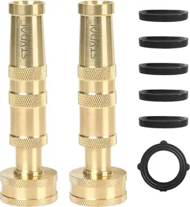 STYDDI Heavy Duty Brass Adjustable Hose Nozzle, 4" High Pressure Solid Brass Garden Hose Spray Nozzle with 6 Rubber Washers, Adjustable Twist Water Hose Nozzle, Adjustable Spray Patterns, 2 Pack