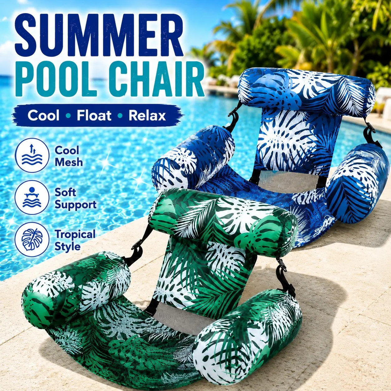 2 Pack Inflatable Pool Lounge Chairs for Adults, Comfortable Backrest Water Float Hammock with Armrest & Headrest, Foldable Portable Pool Recliner, Blue Tropical Print for Summer Pool Lake Beach Relaxation