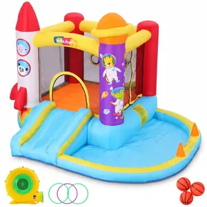 Whubefy Space Rocket Themed Inflatable Bounce House with 370W Blower, Durable Kids Bouncy Castle with Slide, Ball Pit & Ring Toss Game, Safe Indoor & Outdoor Play for Toddlers, Perfect Birthday, Holiday Gift for Boys & Girls, Summervibes