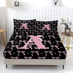 Initial Letter A-Z Girls' Fitted Sheet,Bedsheet Sets,Black Pink Alphabet Bedding Set,Including 1 Bed Sheet and 2 Pillowcases,Non slip Dust Cover Suitable for Bedroom and Guest Room,Suitable for Personal Use or Gift Giving