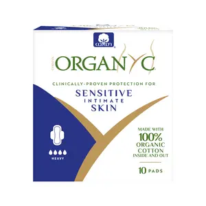 Organyc 100% Certified Organic Cotton inside and out Feminine Pads for Women Sensitive Skin - Heavy Flow, 10 Count