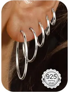 5 Pairs 925 Sterling Silver Hoop Earring Sets for Women Silver/Gold Huggie Earrings Hypoallergenic Lightweight Small Medium Large Stack Earrings for Multiple Piercings 10/14/20/30/40mm