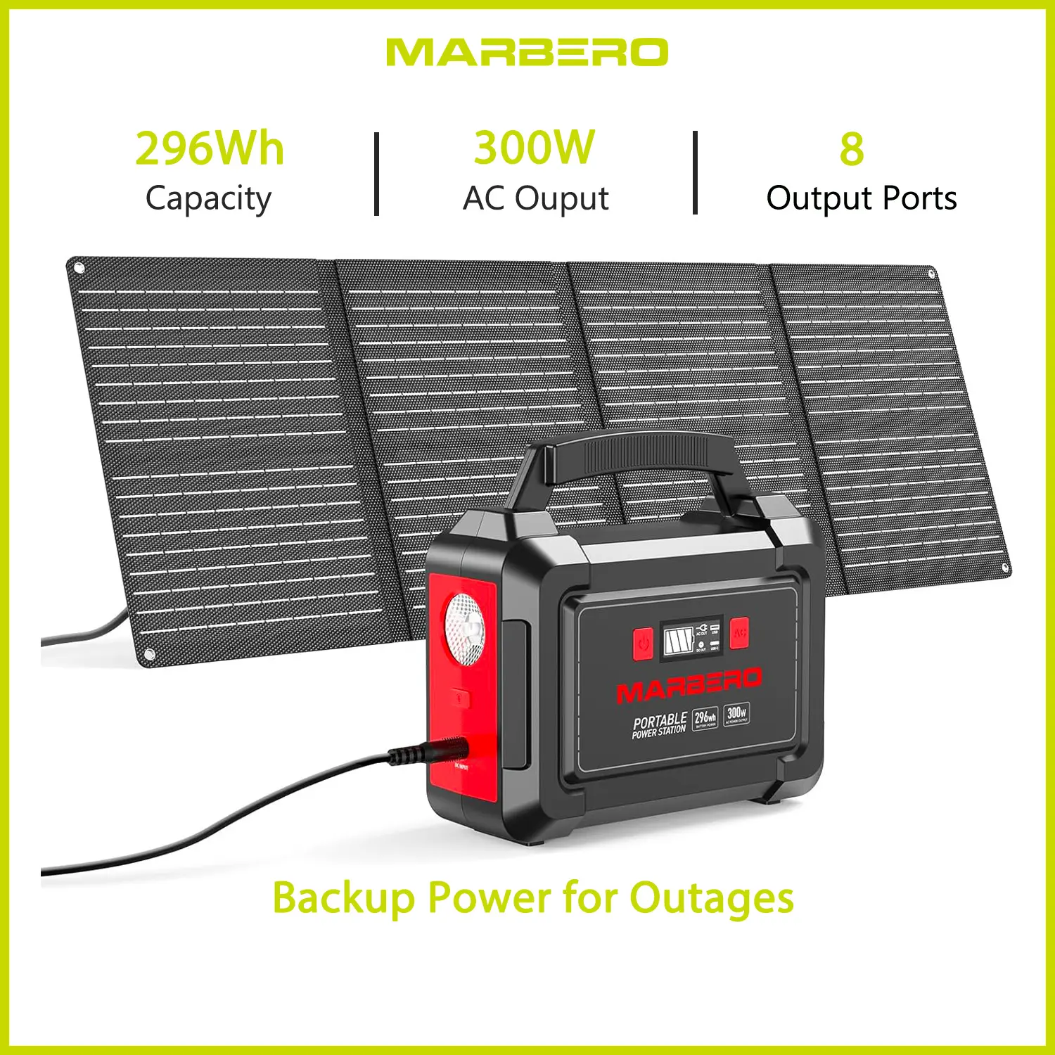 【Father's Day Gift】MARBERO 296Wh Solar Generator with 60W Solar Panel Portable Power Station with 2 x 300W Pure Sine Wave AC Outlets (330W Surge) 8 Output Ports Built-in Flashlight for Camping Blackout Outdoor Emergency