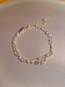 Women's Elegant Faux Pearl & Artificial Crystal Decorated Flower Design Layered Bracelet, Pretty Bracelet, Exquisite Trendy High Quality Bracelet, Dainty Crystal Bracelet, Fashionable Jewelry for Women As Gift