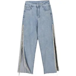 Women's High-waisted Denim Pants, Straight Wide-leg Silhouette For Slimming Effect, Non-stretch Material, Featuring Chain Tassel Embellishments, Side Split Detail, Frayed Hem, Trendy & Versatile, Ideal For Casual Daily Wear And Street Style. Jean
