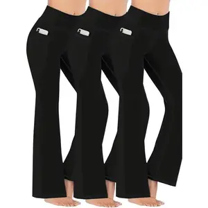 Women's 3-piece pocket flared leggings, high waisted black flared bodysuit, flared pants, yoga boots with wide legsRAIMENTRY