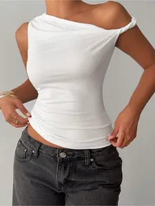 Ladies’ summer solid-colored strap top with asymmetrical pleated neckline and sleeveless design, Comfortable, breathable, Lightweight, Fitted, Perfect for everyday wear, suitable for use in schools, social gatherings, shopping, and other ca