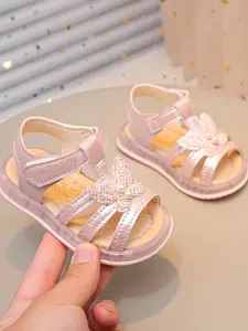 Baby Princess Sandals with Rhinestones and Pearls, Velcro Closure, Non-Slip Soft Sole, Comfortable for Daily Wear and Party