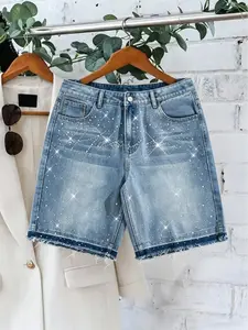 Women's Summer Rhinestone Fringe Flattering Denim Shorts, Casual Loose-Fit Mid-Waist Button Fly, Fashionable Everyday Wear, Perfect for Dates, Womenswear
