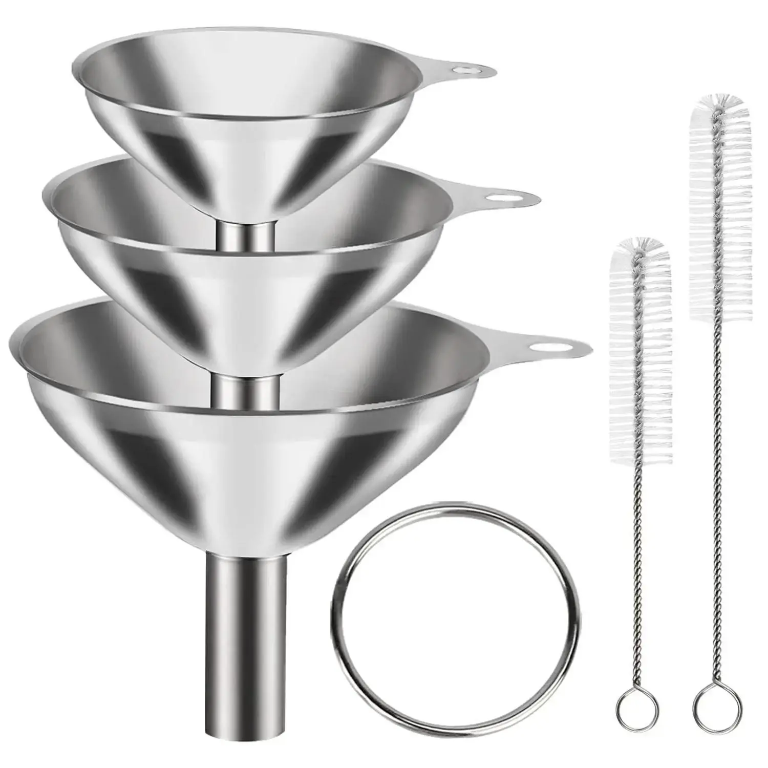 6 Pcs Stainless Steel Mini Funnels for Kitchen use. Large Tiny Small Funnel Set of 3, Metal Cooking Powder Food Grade Flask Funnels for Filling Bottles Liquor Water Spice, 2Pcs Cleaning Brushes VOPTON Utensils