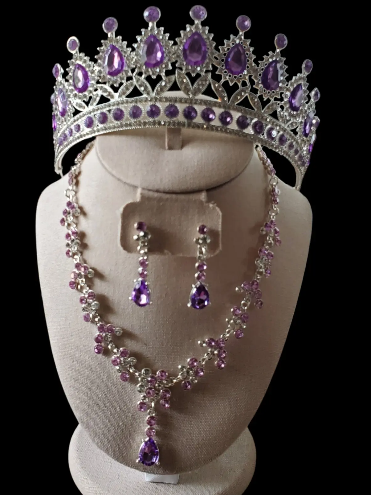 Lavender Crystal Wedding /Quincenera Jewelry Set Silver Tiara Crown Necklace Drop Earrings for Bridal Quinceañera Events