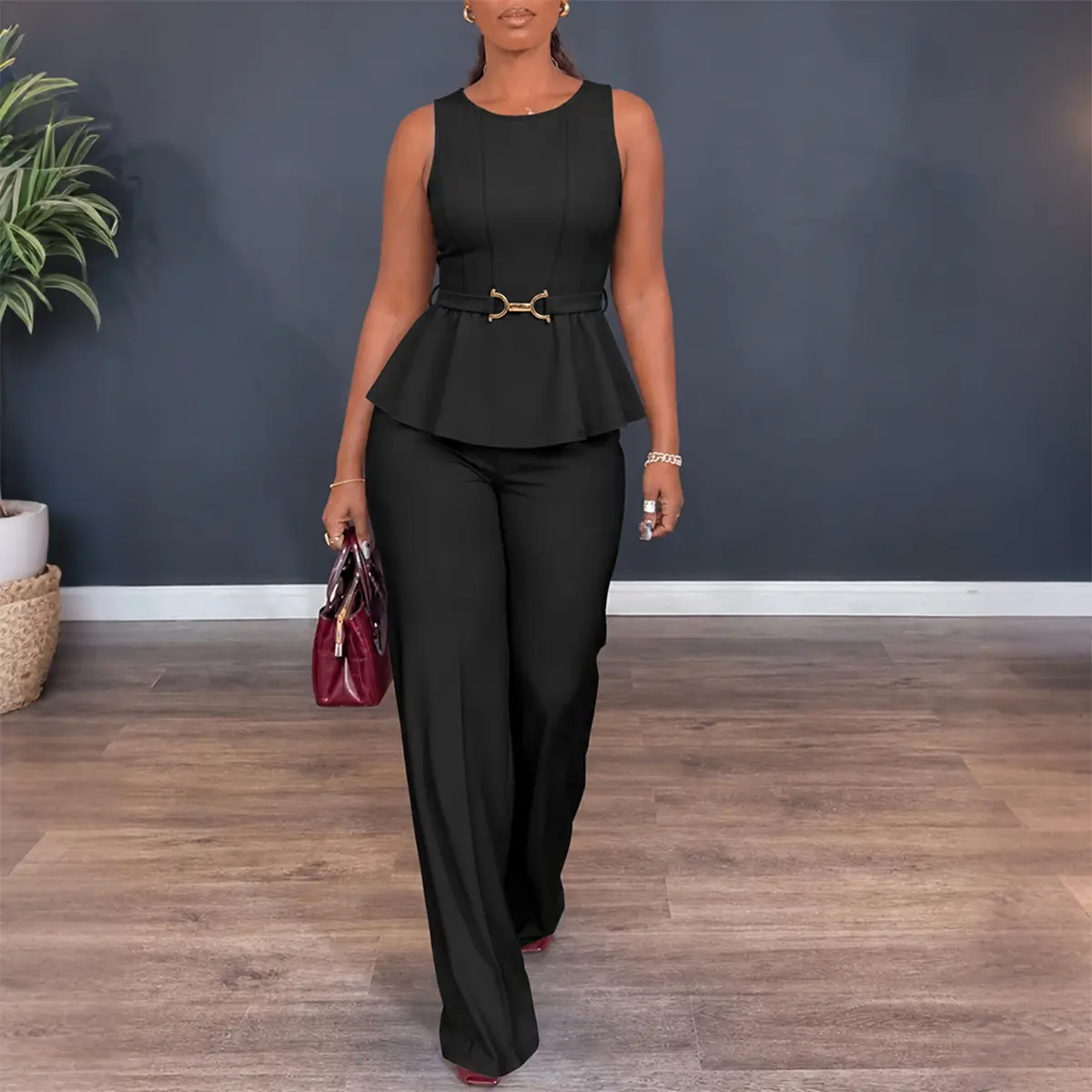 CHICME Women's 2 Piece Outfits Sleeveless Peplum Top and Wide Leg Pants Set Elegant Gold Belt Business Work Suits