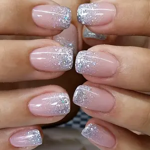 24pcs Short Square Press-On Nails, Removable False Nails, French Style Gradient Glitter, Glitter Decorative Nails, Ballerina Shape, Includes Jelly Glue & File, Reusable Nail Art Set