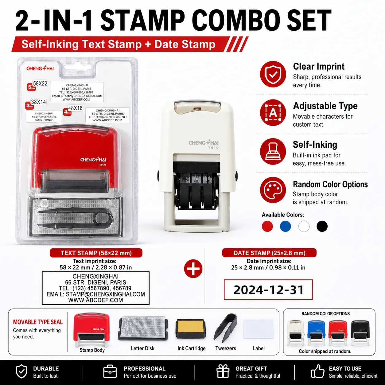 Adjustable Self-Inking Date Stamp Seal, Number Letter Symbol Combination Stamp with Clear Print, Automatic Press Rubber Stamp for Office Documents, Record Keeping, Receipts, Log Marking, Business School Home Office Supplies Random Color