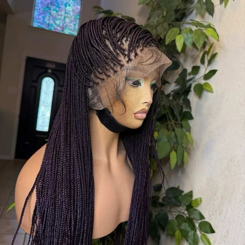 Micro Box Braids In Deep purple Made with 360 Full Premium Blend Lace & Human Hair Baby for All Occasions Natural Look. Medium: Cap size :21.5 – 22.5”