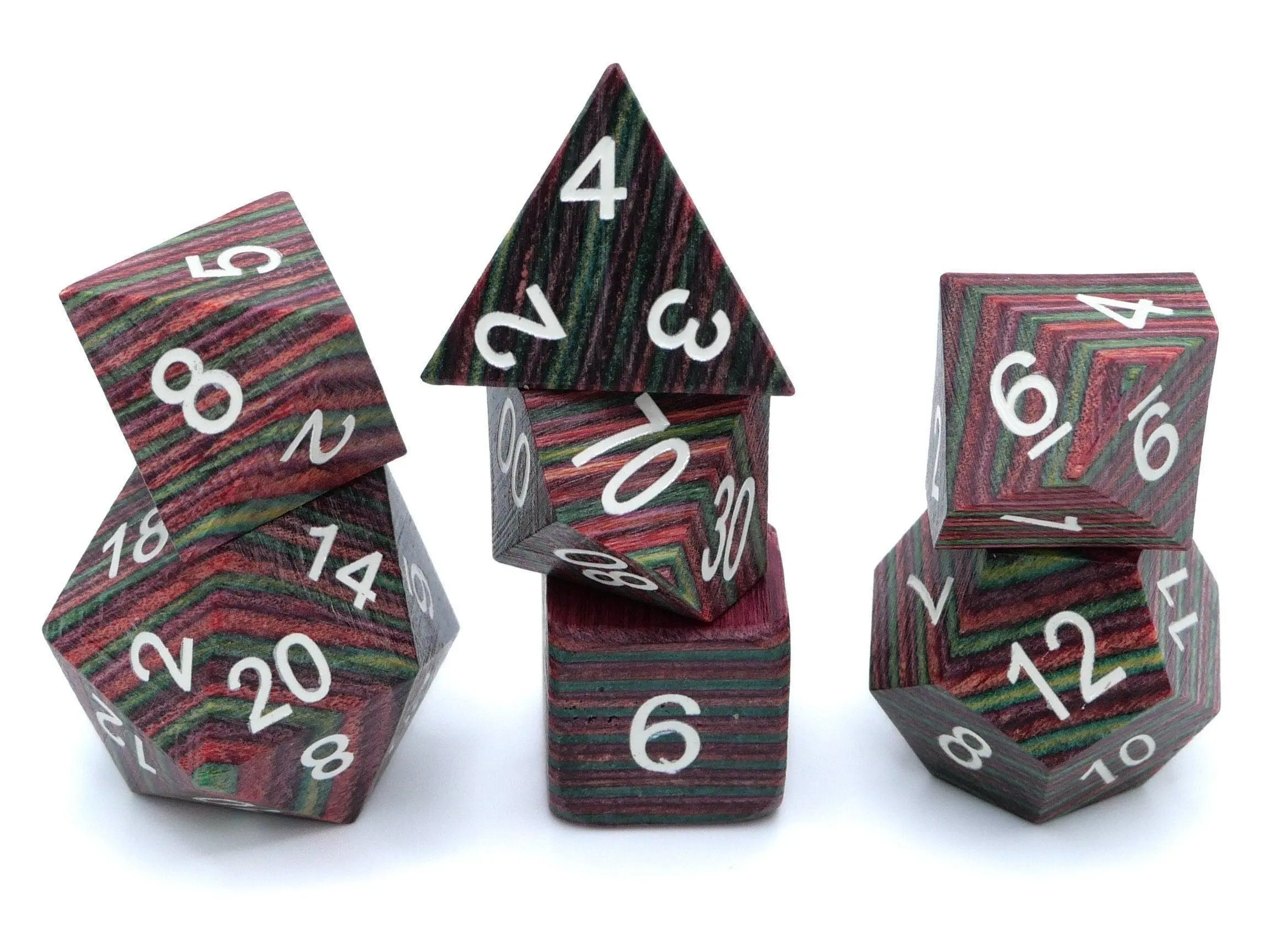 Rainbow Wood Polyhedral Dice Set - 7-Piece Game Accessory with Painted Numbers for Dungeons and Dragons RPG