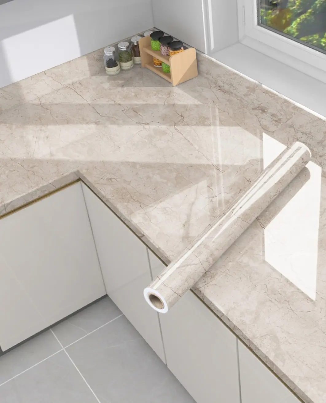 PVC Marble Look Adhesive Marble Wallpaper - Geometric, Glossy, Waterproof, Oil-Proof, Detachable Sticker for Kitchen Countertops, Furniture Renovation