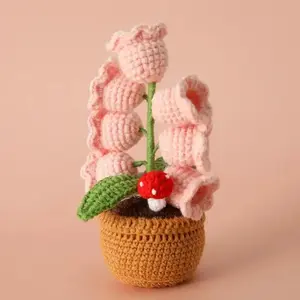 Crochet Bell Orchid with Potted Knitted Flowers with Light Handmade Artificial Flower Desktop Bookshef fall home decor Decorative Fruit Plants