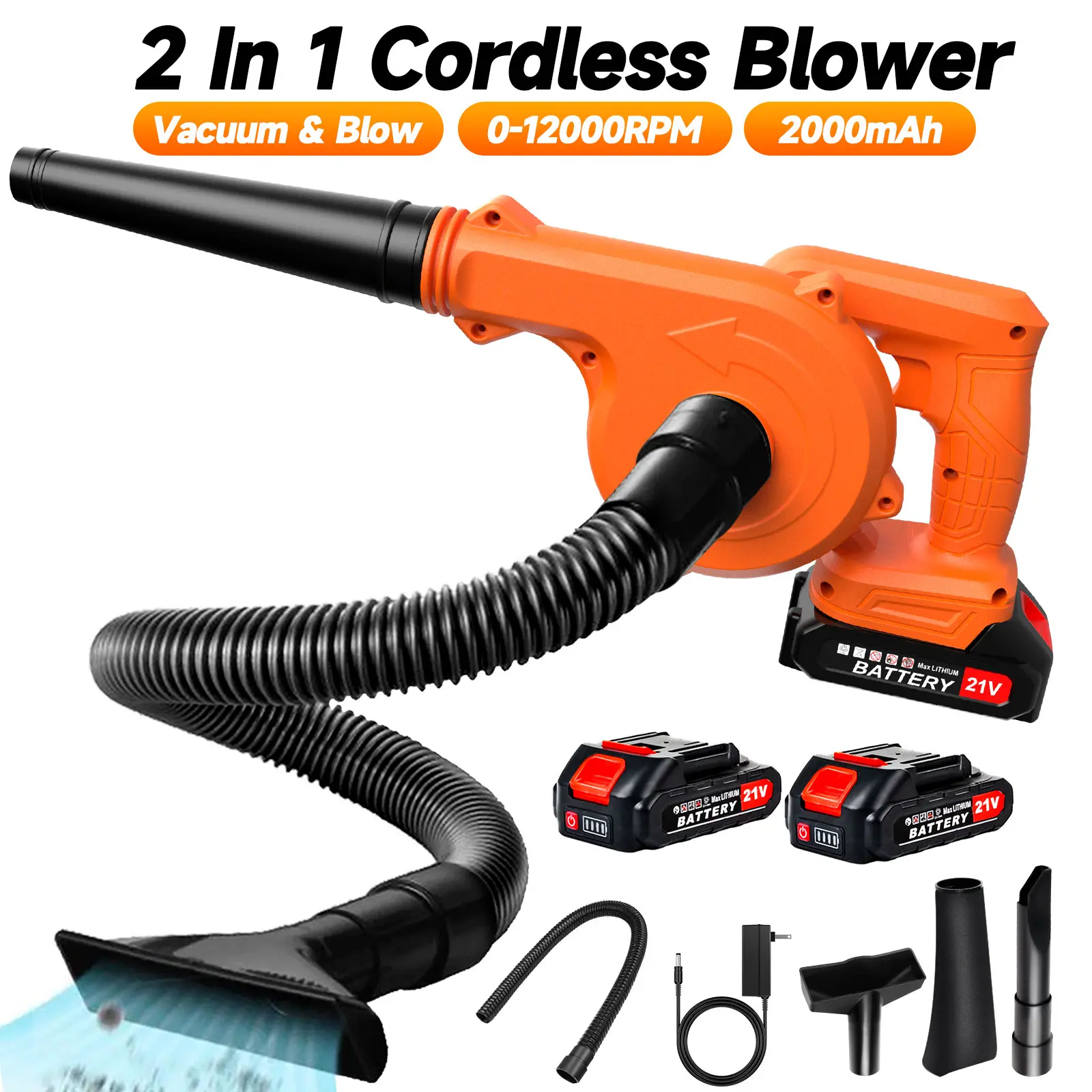 Cordless Leaf Blower Vacuum Combo 2 in 1, 2 Nozzles &2 Modes for Inflation & Deflation, Extended Tube & Variable Speed, 12000RPM 120MPH, 2x2000mAh Battery Powered Leaf Blowers for Lawn Care