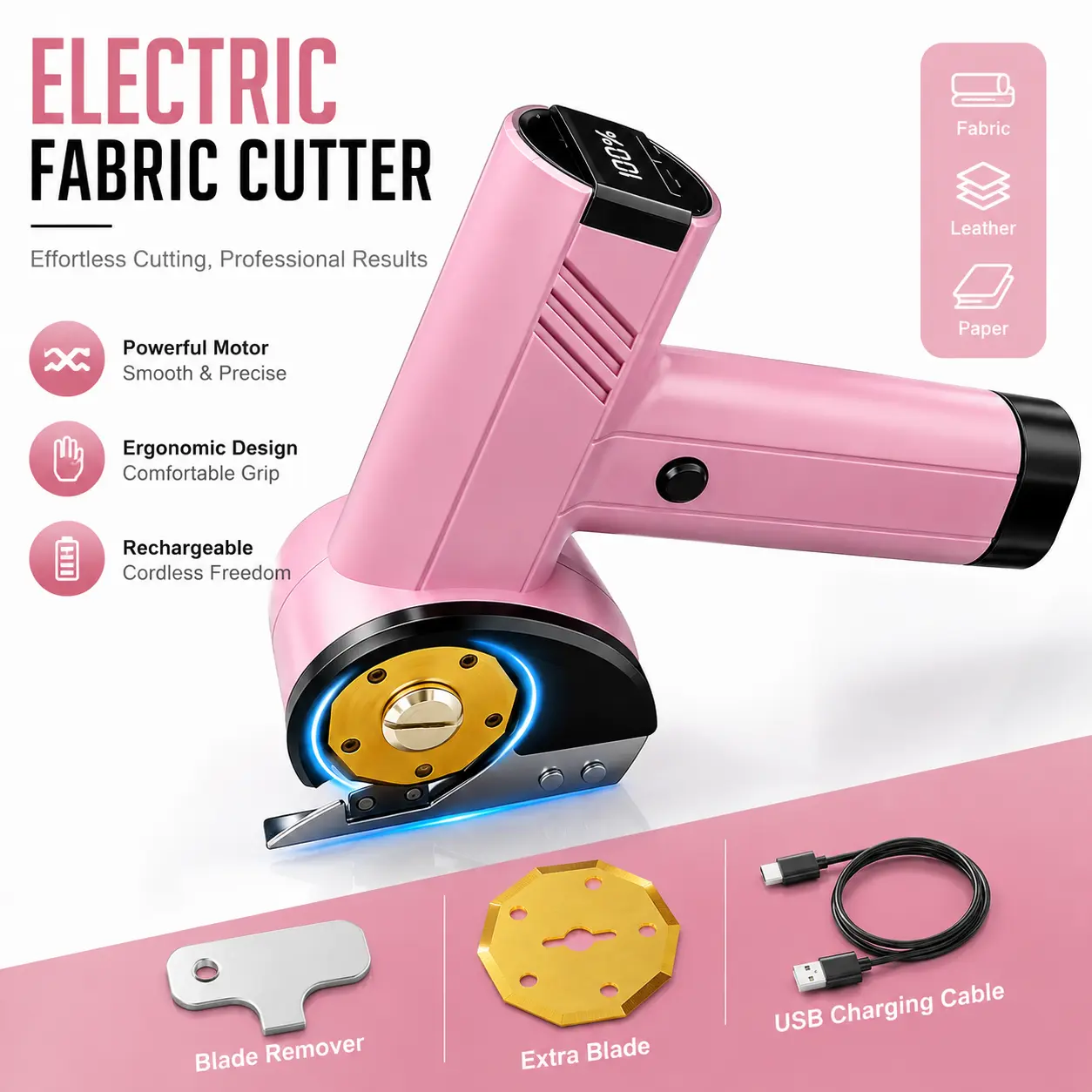 2026 Upgrade 4V Cordless Fabric Rotary Cutter - Rechargeable Heavy-Duty Cutting Tool with 4-Speed Settings, Safety Lock, LED Light, 2 Extra Blades, Ideal for Fabric, Cardboard, Crafting, Fabric Rotary Cutters, summerwins