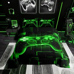 Gamer Comforter Set,Gaming Video Games Gamepad Bedding Comforter Sets,Neon Glowing Square Geometric Grid Green Bedroom Decor Duvet Insert