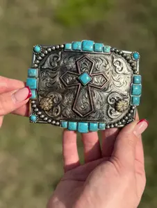 Turquoise Cross Buckle - Hand-Engraved German Silver Western Accessory
