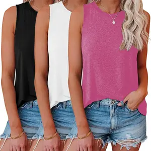 1/3Pack Summer Tank Tops for Women Plain Round Neck Sleeveles T Shirts Loose Breathable Workout Racerback Tank Tops Soft Polyester Solid Color