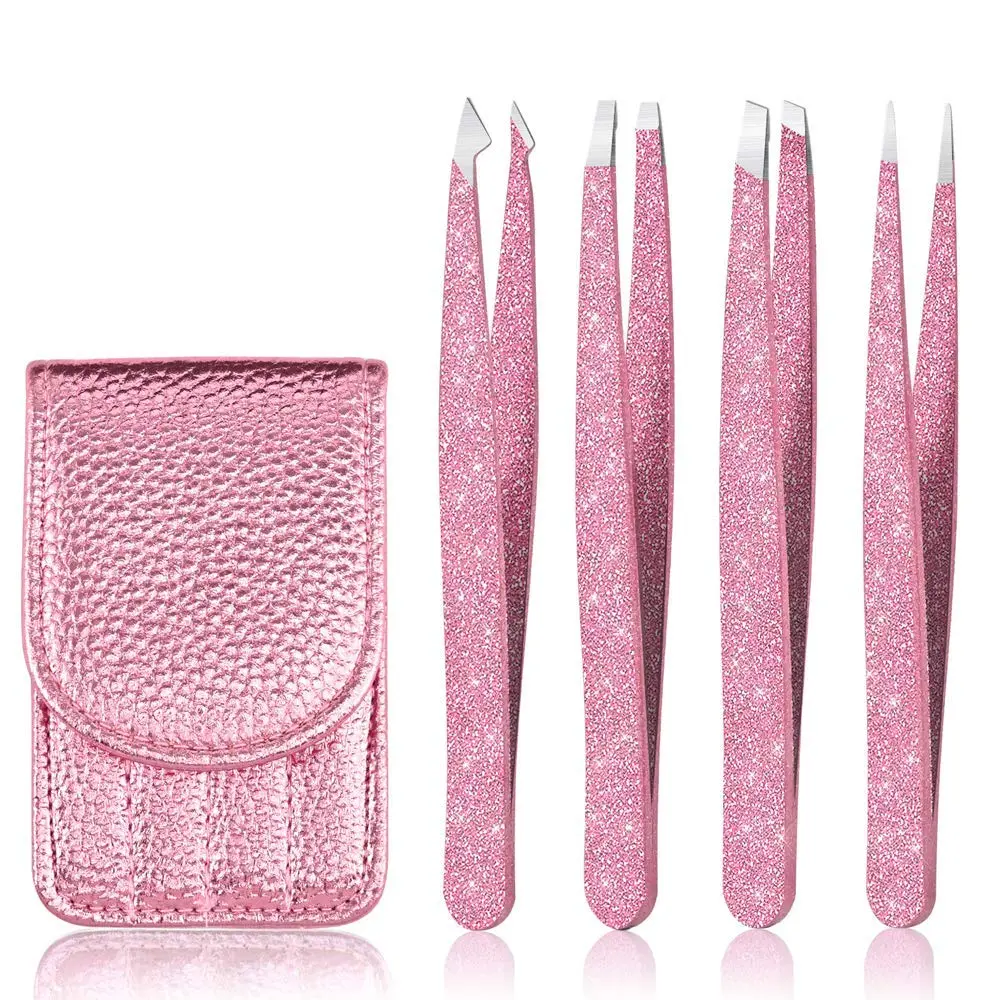 Eyebrow Tweezer Set, 4 Pcs Professional Stainless Steel Tweezers for Women, Precision Tweezer for Facial Hair, Splinter and Ingrown Hair Removal（Rose Gold）