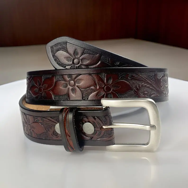 Handmade Western Carved Full Grain Leather Belt - Personalized Engraved Custom Design with Removable Buckle