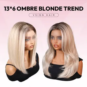 VSGIN 13*6 Blonde Highlight Synthetic Lace Wig Ombre Honey Brown and Blonde Color Synthetic Heat Resistant Fiber Realistic Appearance Bob Style and Long Wave Style