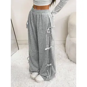 A Cute Pink Bowknot Drawstring Sweatpants, Suitable For Holiday Outfits, Autumn/Winter Bottoms Fabric