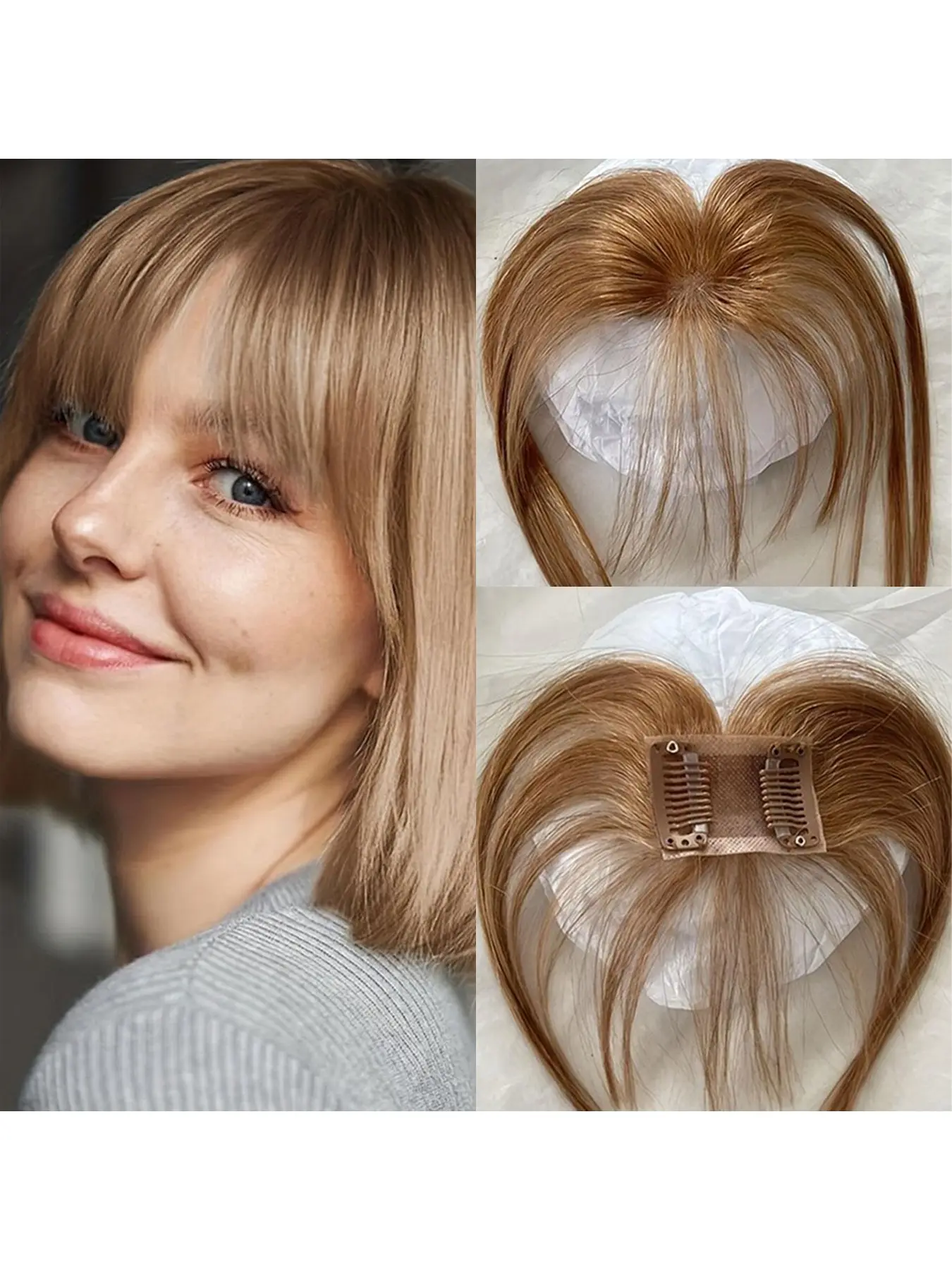 Hair toppers, Clip in Bangs Real Human Hair Lightweight hairpiece with high cranial top for volume Light and airy French bangs for women for Daily Wear Clip On (Natural Black, Brown Color)