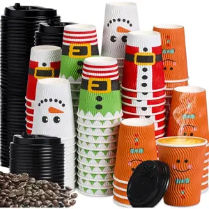 100-Pack Christmas Disposable Coffee Cups 12 oz Insulated Corrugated Paper Cups with Lids Christmas Disposable Espresso Cups for Hot/Cold Beverages Party Supplies (Cute Style)