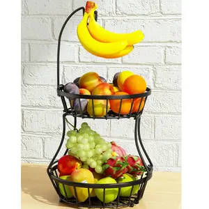 2-Tier Fruit Basket Bowl Stackable Vegetable Storage with Banana Tree Hanger Stand for Kitchen Countertop, Metal Wire Basket for Bread Onions Potatoes