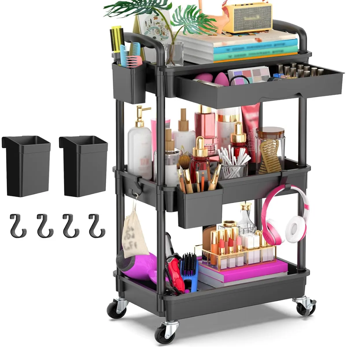 3-Tier Freestanding Utility Cart - Stable Sturdy Black Rolling Cart with Removable Drawer, 2 Lockable Wheels for Bathroom Organizer Storage, Makeup Storage Organizer Needs, Drawer Organizer Utility Carts