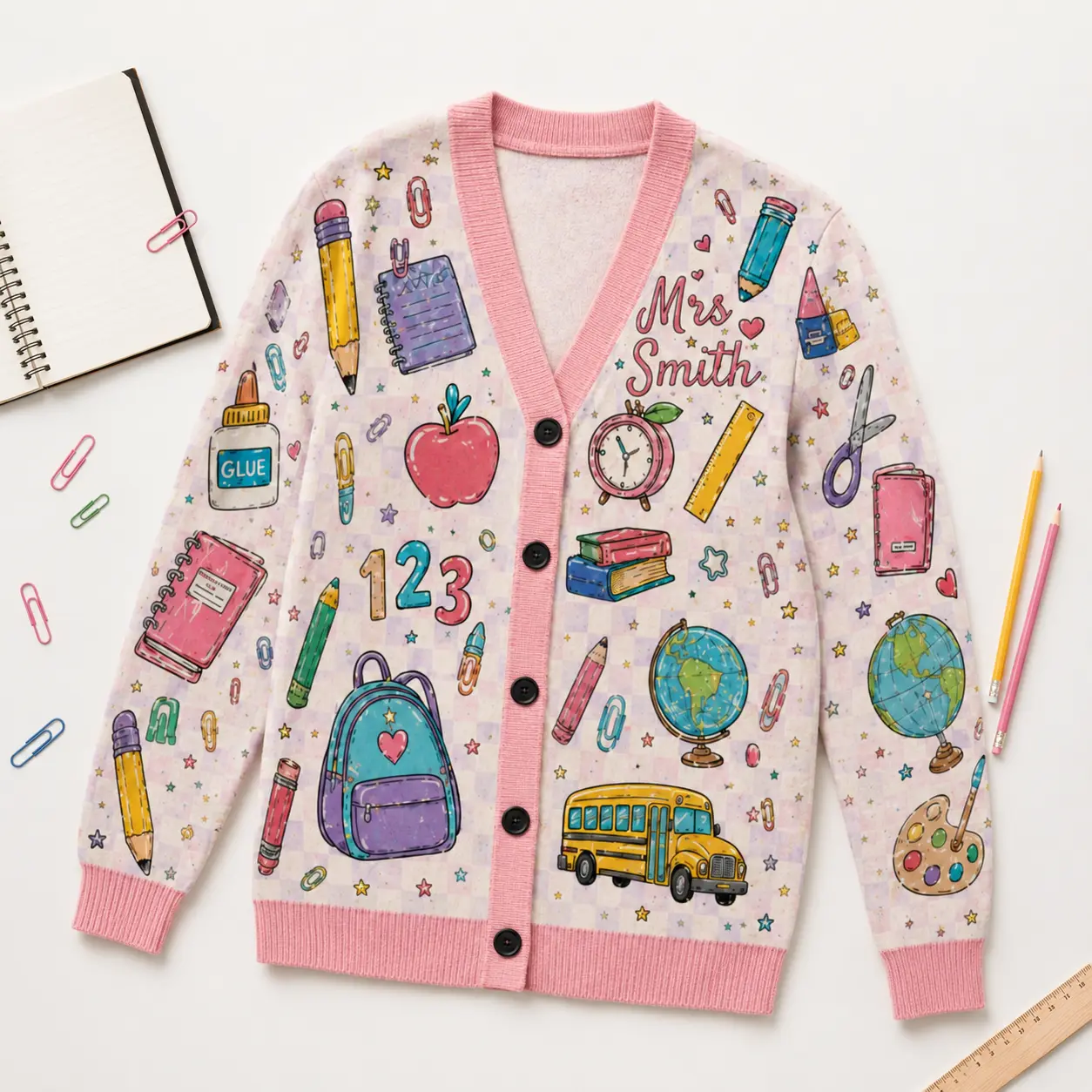 Personalized Teacher Name Cardigan, Custom Mrs Name School Icons Sweater, Teacher Appreciation Gift, Back to School Cardigan