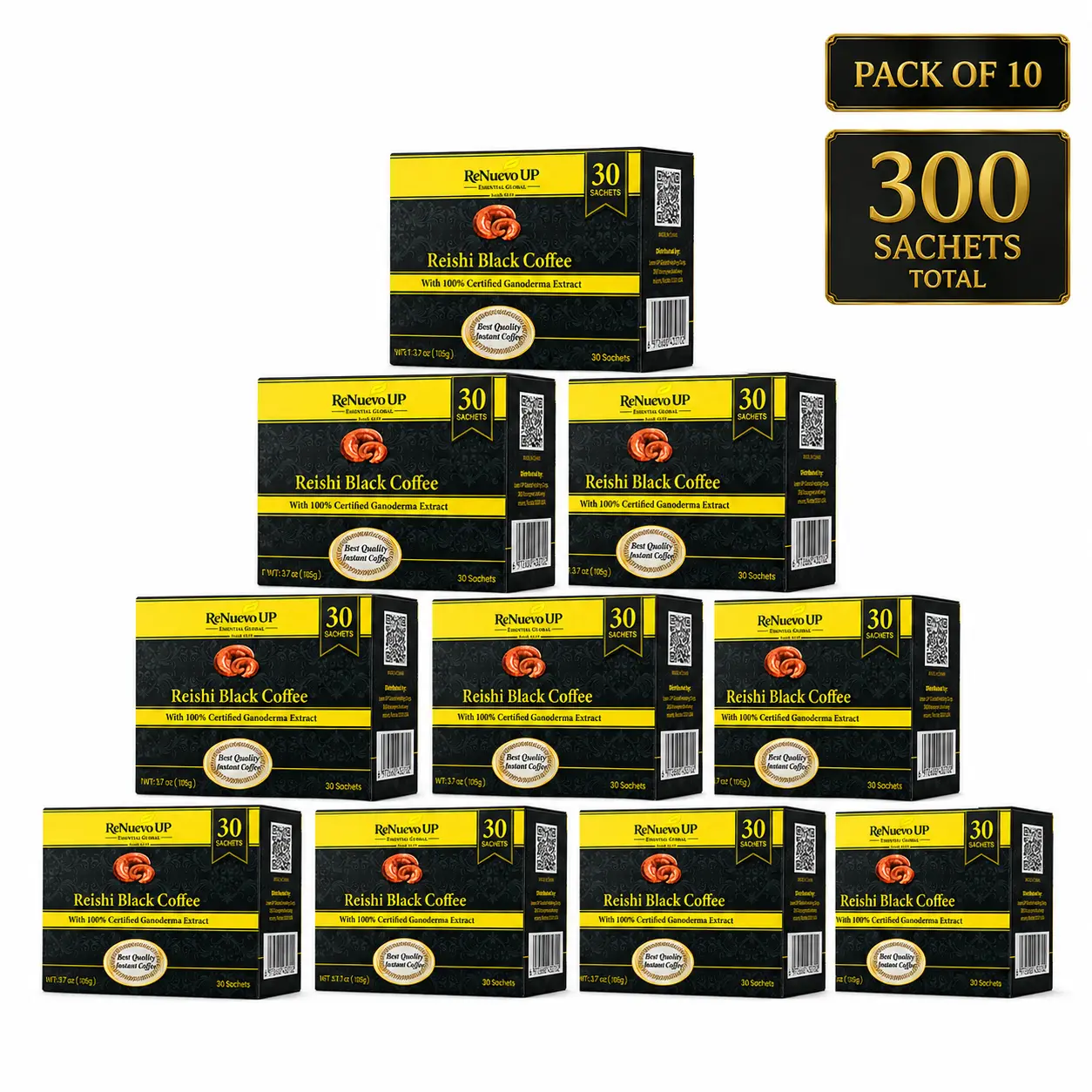 ReNuevo UP Ganoderma Reishi Black Instant Coffee, Mushroom Coffee Pack of 10, 300 Single-Serve Sachets, 37 oz (1,050 g)